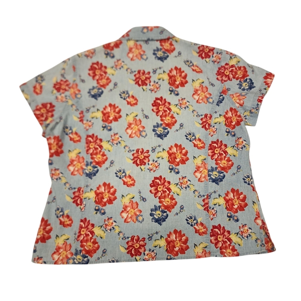 Liz Claiborne Floral Denim Snap Closure Short Sleeve Top Size Small Petite - Picture 7 of 13